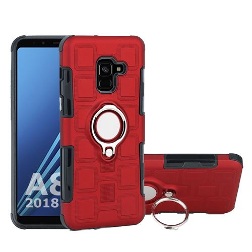 Coque en TPU hybride géométrique avec support voiture bague de montage rouge pour votre Samsung Galaxy A8 (2018)
