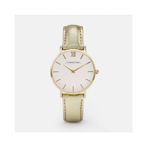Montre Femme Andreas Osten Cadran 36mm En Acier Blanc Et Bracelet Doré En Cuir AO-199
