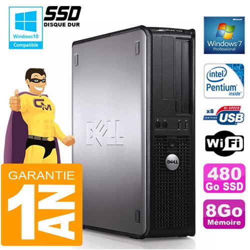 PC Dell 380 Dt Intel E5300 Ram 8Go Disque 480 Go SSD Graveur Dvd WiFi W7