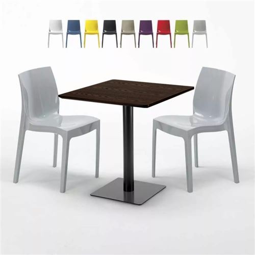 Table carrée 60x60 pied noir et plateau bois avec 2 chaises colorées Ice Kiss, Couleur: Gris