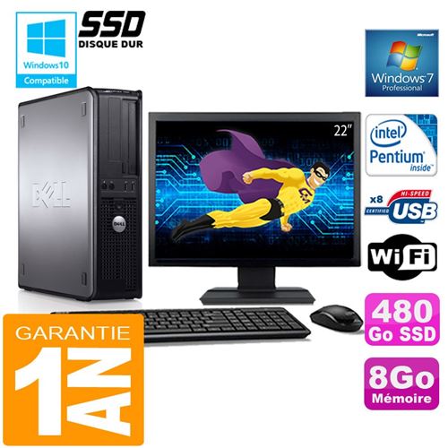 PC Dell 780 Dt Intel E5300 Ram 8Go Disque 480 Go SSD WiFi W7 Ecran 22'