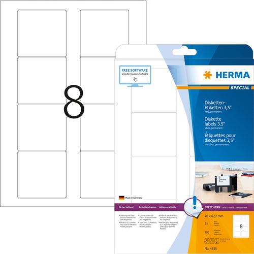 Herma 4355 &Eacute;tiquettes pour disquettes 3,5 70 x 67,7 A4 Blanc