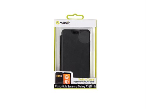 Muvit Folio - Flip cover voor mobiele telefoon - polycarbonaat, PU synthetisch leer - zwart - voor Samsung Galaxy A3 (2016)