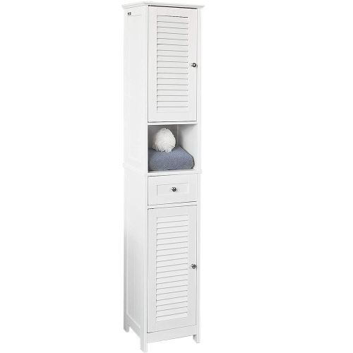 Colonne de Salle de Bain en bois Blanc armoire porte tiroir meuble de rangement MDF lamelles 170*32*30cm