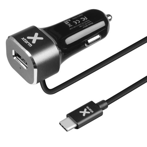 Chargeur Voiture Allume-cigare Port USB et Câble USB type C intégré Xtorm Noir