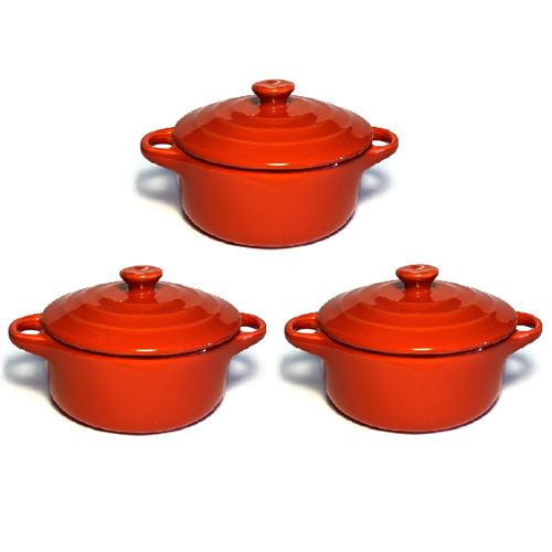Lot de 3 mini cocottes rouges double poignée avec couvercle Hobby Cook