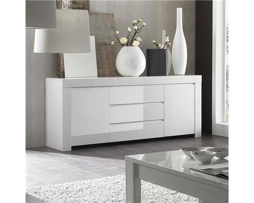 Buffet bahut blanc laqué 2 portes 3 tiroirs design PIETRA - Blanc - L 194 x P 50 x H 84 cm