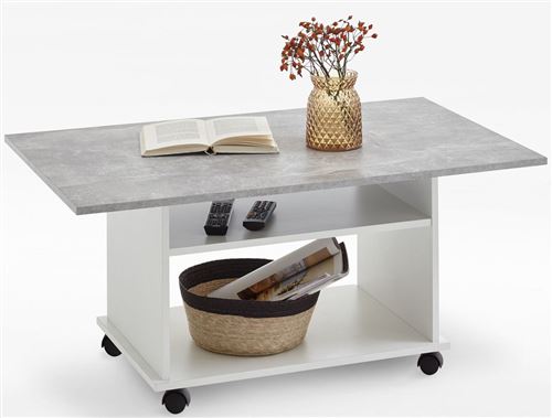 Table basse avec rangements coloris blanc/gris béton LA - L.100 x H.44 x P.60 cm -PEGANE-