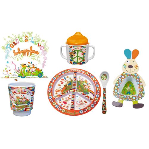 EBULOBO Set Repas complet 5 pièces, assiette, mug, tasse, cuillère, bol Lapin HAPPY FARM Multicolore