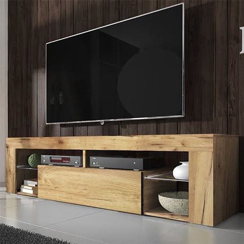 Meuble TV / Banc TV - BIANKO - 140 cm - chêne lancaster - style moderne - tablettes en verre