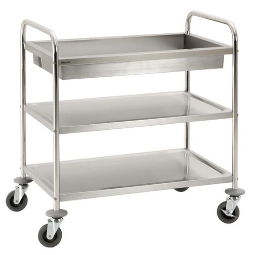 Chariot de service cuisine design professionnel inox 2 étages + 1 bac max 120 kg