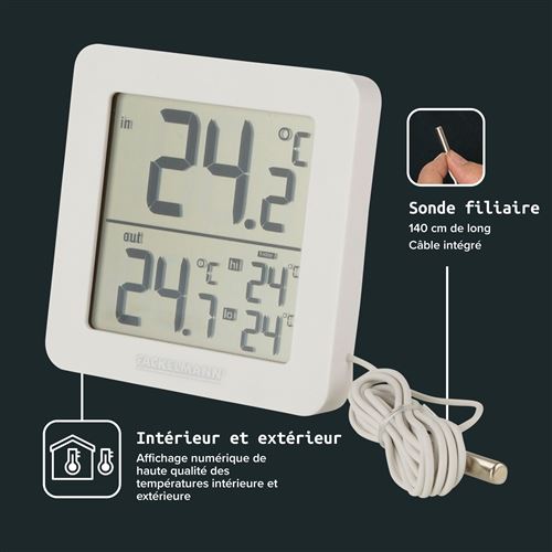 FISHTEC Thermometre Mini/Maxi Grands chiffres - Interieur et Exterieur -  Accroche Murale - Memoire des temperatures mini et maxi - 16 CM x 8 CM -  Station météo thermomètre pluviomètre - Achat & prix
