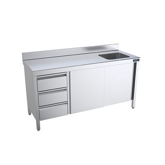 Table de chef Inox avec portes coulissantes, tiroirs et bac à droite   Gamme 600   Distform - 1