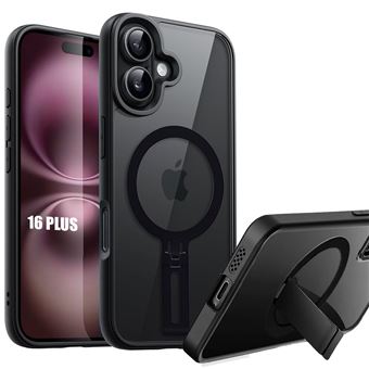 Coque pour iPhone 16 Plus, Protection Silicone Noir avec Dos Transparent PC + Support Magnétique - BOOLING - 1