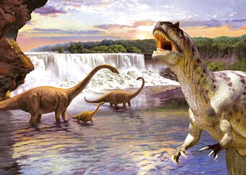Puzzle enfant 260 pieces - la plaine des dinosaures : famille de branchiosaurus et t-rex - collection dino et prehistoire - nouveaute