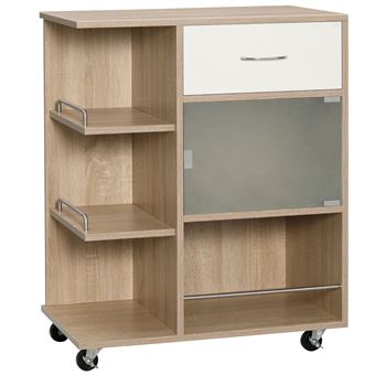 Desserte de cuisine style contemporain - 3 étagères, niche, porte verre, tiroir - effet bois naturel blanc - 1