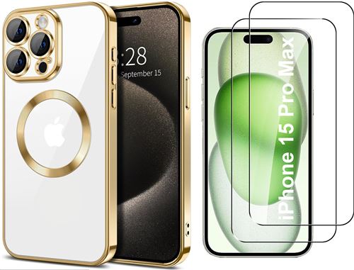 Coque Silicone Pour iPhone 15 Pro Max Couleur Or Compatible Magsafe + 2 Verres Trempe Protection Ecran Little Boutik®