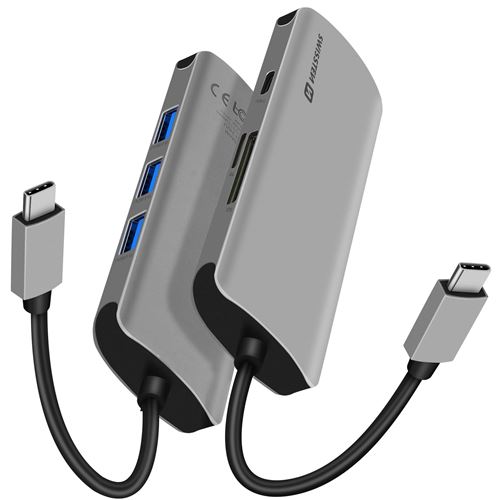 HUB USB-C Adaptateur 6 en 1 avec 3x USB 3.0, Port USB-C Power Delivery,  Carte Micro-SD / SD, Swissten - Gris - Français