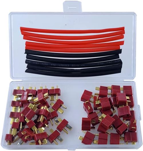 Set de 25 Paires de Connecteurs T-Plug Deans Mâle et Femelle Compatibles avec Modèles RC Drones, Voitures, Bateaux Matériaux Durables, Rouge