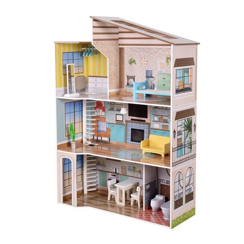 Maison de poupée en bois enfant 3 étages avec 17 accessoires mobilier multicolore Méditerranéen Olivia’s Little World TD-13632A