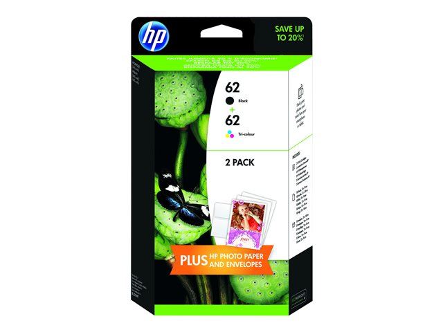 HP 62 - Pack de 2 - noir, couleur (cyan, magenta, jaune) - original - jeu  de papier cartouche d'encre - pour Envy 5640, 7640 - Cartouche d'encre -  Achat & prix