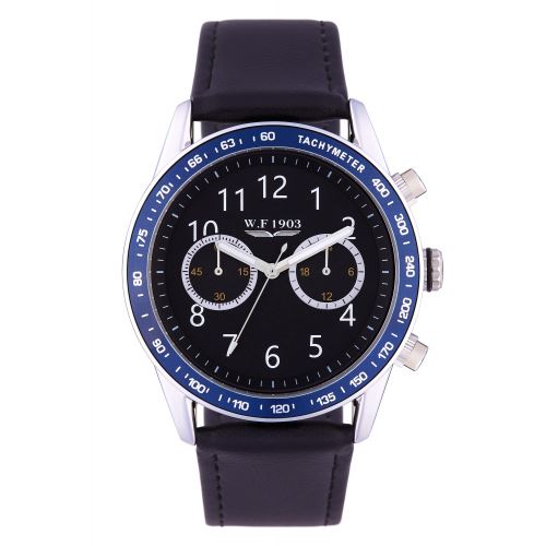 Montre Homme W.F 1903 à Quartz Cadran Noir 42 mm Et Bracelet Argenté En PU WFS18031