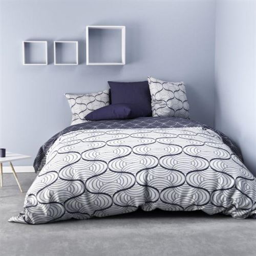 Housse de couette Paga, Bleu/Blanc, 220x240cm, 2 personnes, Réversible, 100% Microfibre
