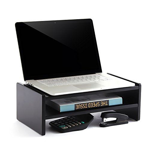 TAVR Furniture Support de Moniteur en Bois Noir Organiseur de Bureau 42.5 x 23.8 x 15cm 2 Étages CM1002
