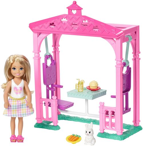 Barbie Famille Mini-poupée Blonde Chelsea et Pergola pour Pique-Nique avec Figurine de Lapin et Petits Accessoires, Jouet pour Enfant, FDB34