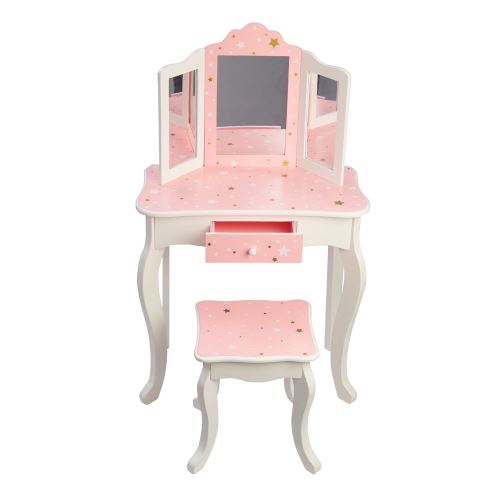 Teamson meuble coiffeuse table de maquillage bois enfant tabouret rose blanc or