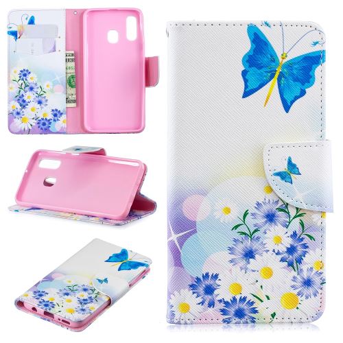 Etui en PU impression de motifs papillon bleu et fleurs pour votre Samsung Galaxy A40