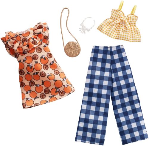 Barbie Fashionistas Kit Vêtements, 2 Tenues pour Poupée dont Pantalon à Carreaux, Robe, Top et Accesssoires, Jouet pour Enfant, FXJ61