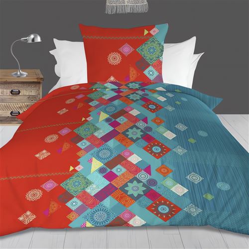 Parure housse de couette 140x200 cm en microfibre PATCHWORK multicolore, par Soleil d'Ocre