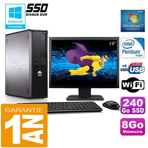 PC Dell 380 Dt Intel E5300 Ram 8Go Disque 240 Go SSD WiFi W7 Ecran 19'
