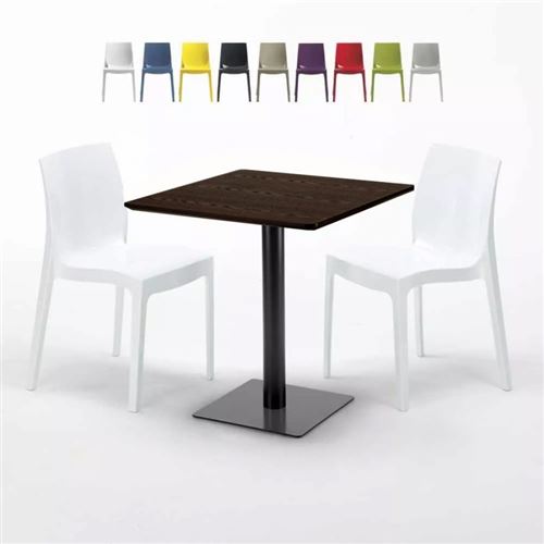 Table carrée 60x60 pied noir et plateau bois avec 2 chaises colorées Ice Kiss, Couleur: Blanc
