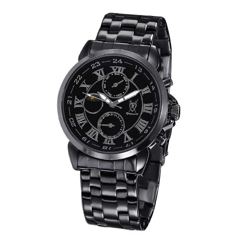Montre Noire pour Hommes Bracelet en Métal Cadran Noir Chiffres Romains Jour Date Affichage Solaire Lunaire Konigswerk AQ202465G
