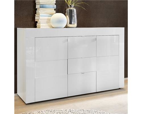 Bahut blanc laqué brillant design OKLAND 3 - Blanc - L 138 x P 42 x H 84 cm