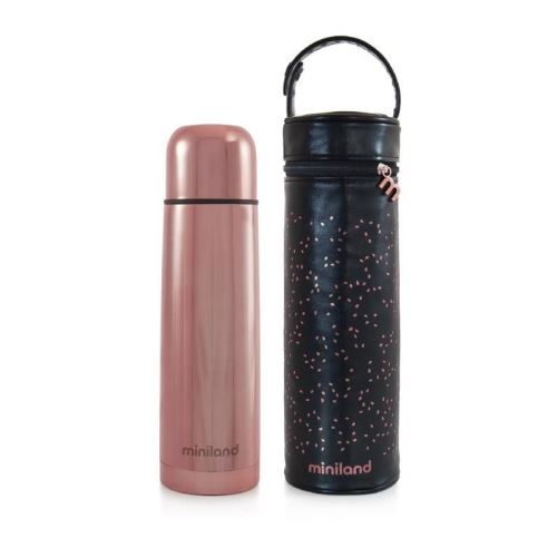 MINILAND - Deluxe thermos rose exclusif pour liquides de 500ml avec effet chromé et sac isotherme prémium, un pack de luxe