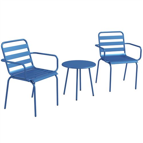 Salon de jardin bistro - table basse ronde Ø 60 cm 2 chaises empilables - acier thermolaqué bleu