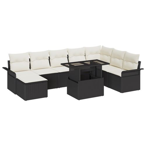 Non Communiqué Noir Ensemble De Canapé De Jardin 9 Pièces Avec Coussins Poly Rattan, Canapé De Jardin 2 Places Avec Rangement Et Coussins