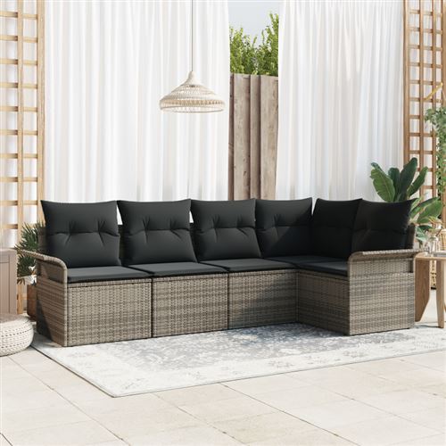 Non Communiqué Gris Ensemble De 5 Pièces De Canapés De Jardin Avec Coussins En Rattan Poly, Canapé De Jardin 2 Places Avec Rangement & Coussin
