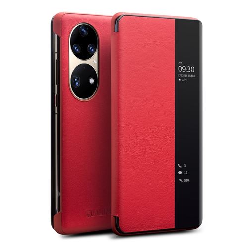 Etui en cuir véritable avec fenêtre de visualisation rouge pour votre Huawei P50 Pro