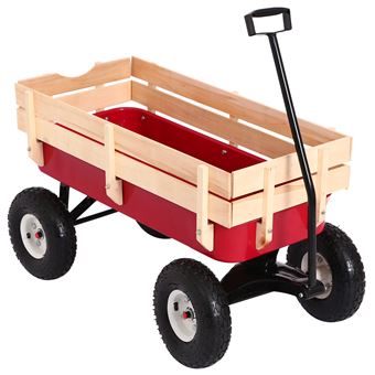 Chariot De Transport Jardin Remorque A Main Charrette A Bras 4 Roues Panneaux Lateraux Amovibles 101l X 50l X 81h Cm Metal Bois Rouge Outillage De Jardin A Main Achat