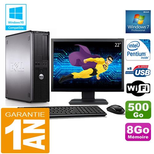 PC Dell 380 Dt Intel E5300 Ram 8Go Disque 500 Go WiFi W7 Ecran 22'