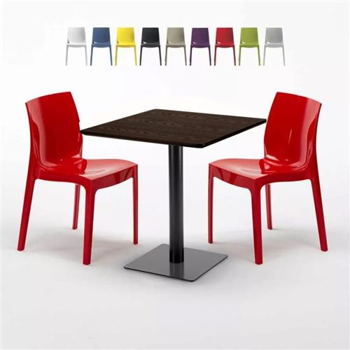 Table carrée 60x60 pied noir et plateau bois avec 2 chaises colorées Ice Kiss, Couleur: Rouge