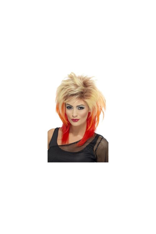 Perruque punk blonde meches rouges annees 80