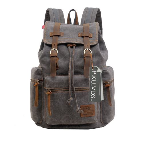 Sac à Dos en Toile et Cuir Unisexe,P.KU.VDSL Sac de Toile Multi-usages, Sac de l'école, Sac du voyage et de la randonnée (A - Gri