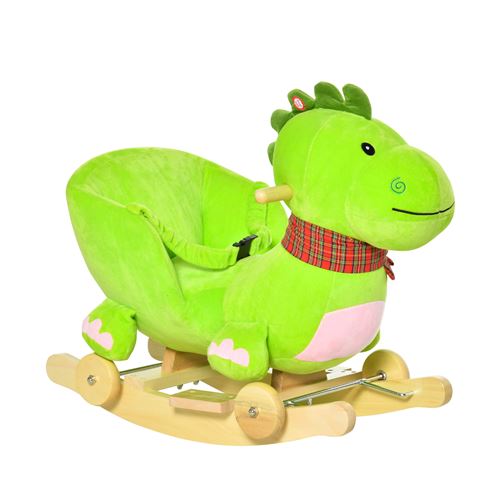 Cheval à Bascule jouet à bascule dinosaure et porteur sur roulettes 2 en 1 fonction musicale 32 pistes ceinture sécurité vert