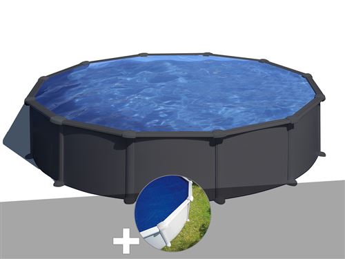 Kit piscine acier gris anthracite Gré Juni ronde 5,70 x 1,32 m + Bâche à bulles