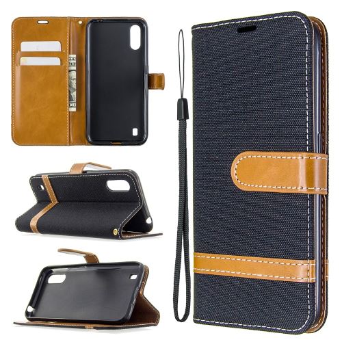 Etui en PU tissu de jeans de couleur assortie avec support noir pour votre Samsung Galaxy A01